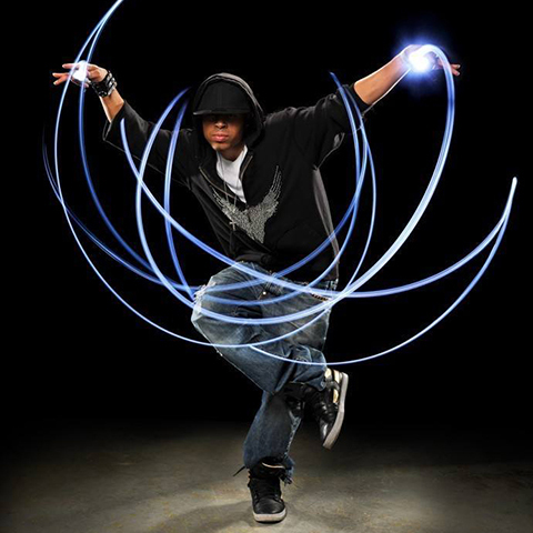man dance light trails hoodie hat black grey blue