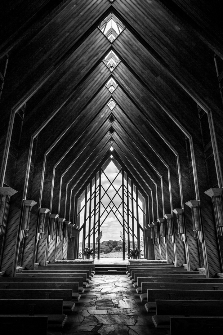 black and white church building