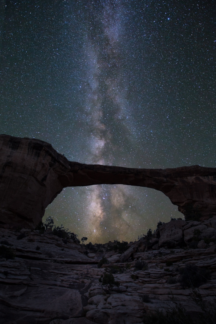 stars sky bridge rocks milky way long exposure