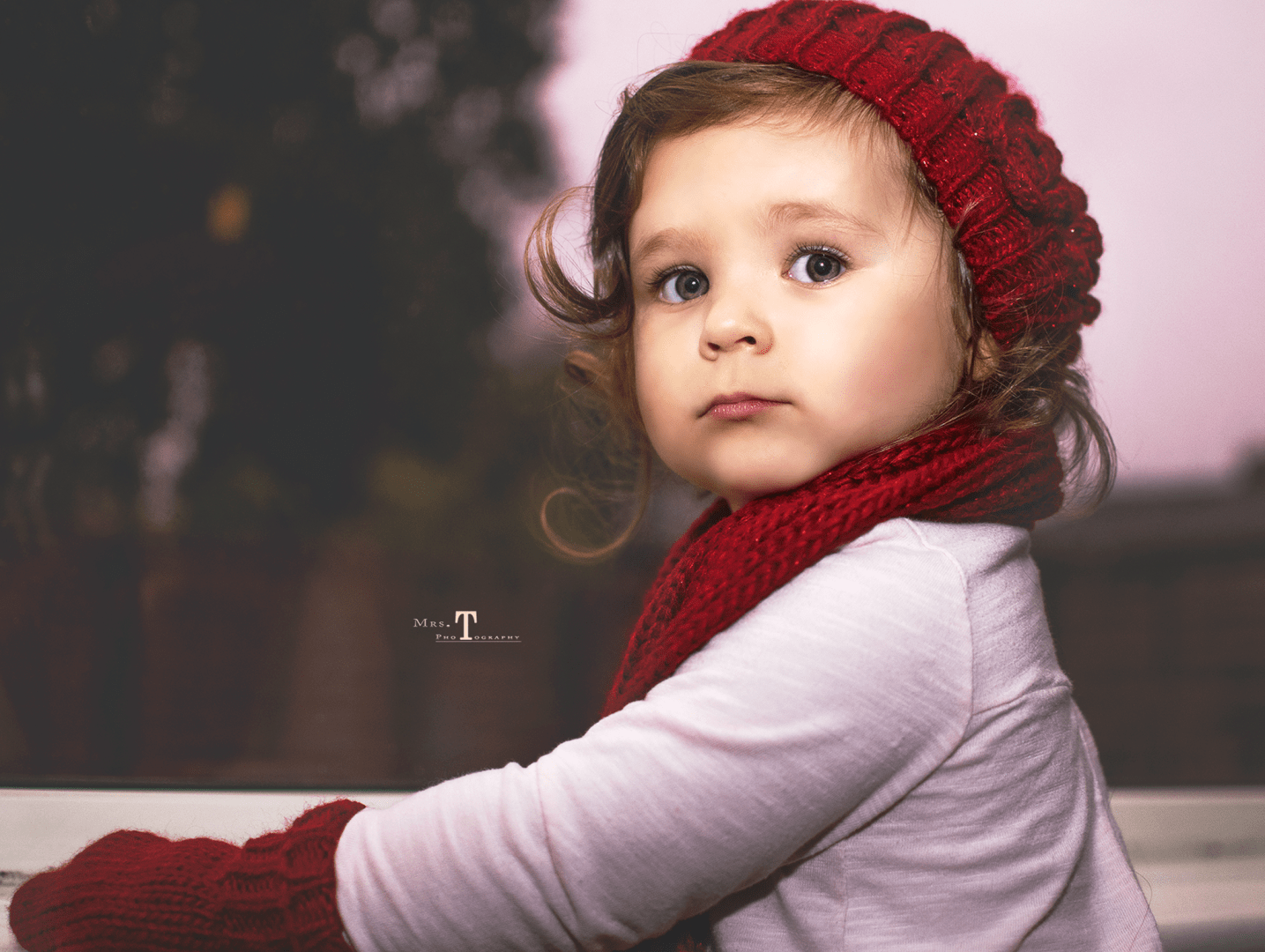 portrait child red hat scarf gloves girl toddler