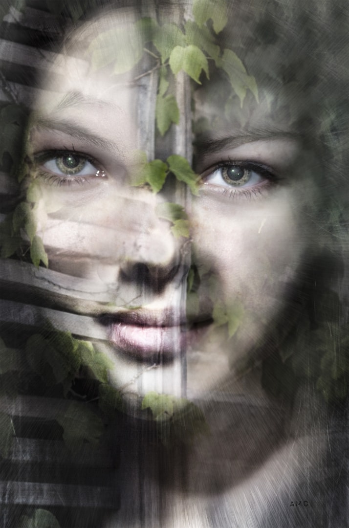 multiple exposure face portrait leaves green