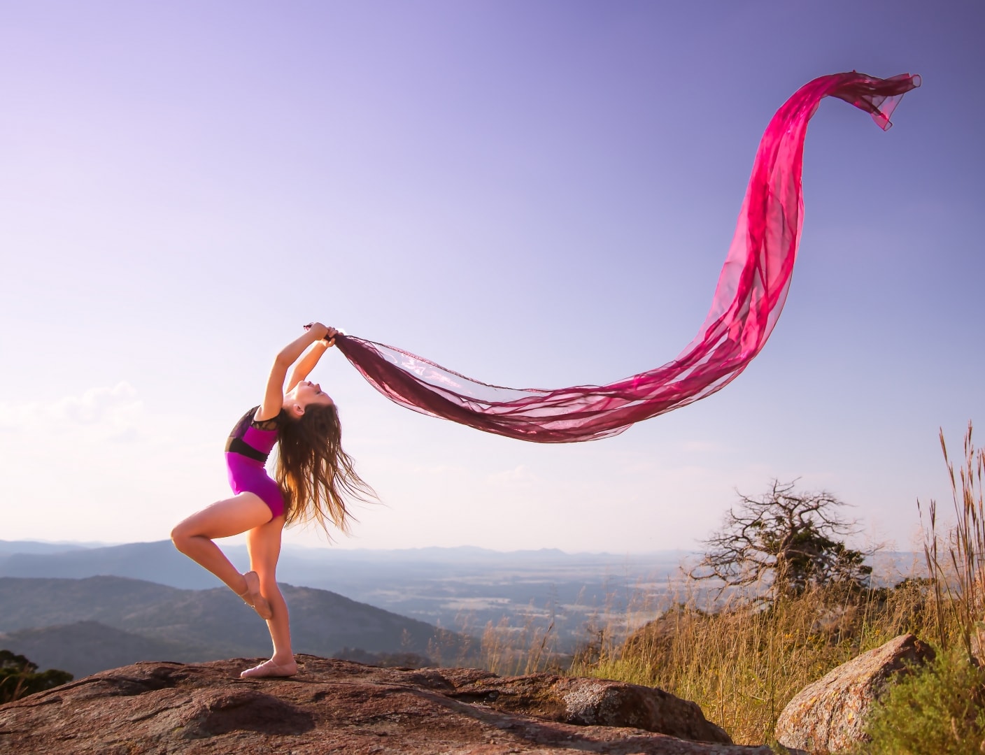 girl dancer material silk mountain landscape