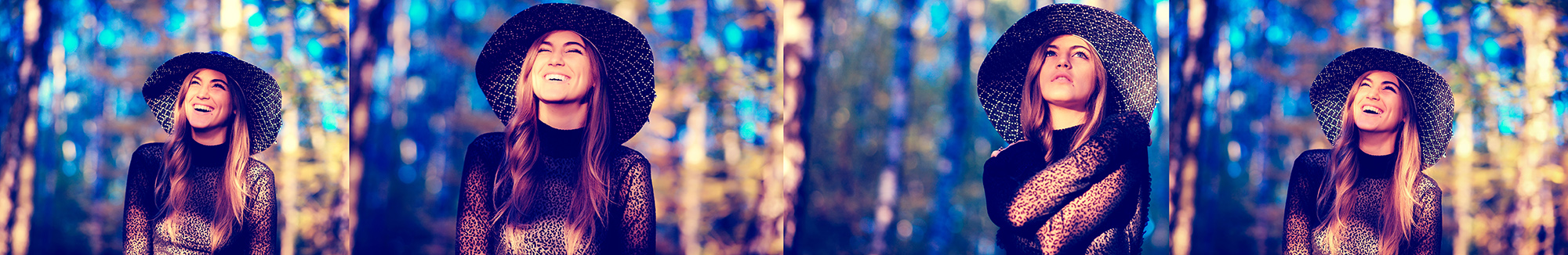 portrait photography tips and ideas female hat woods blue yellow shadows happy