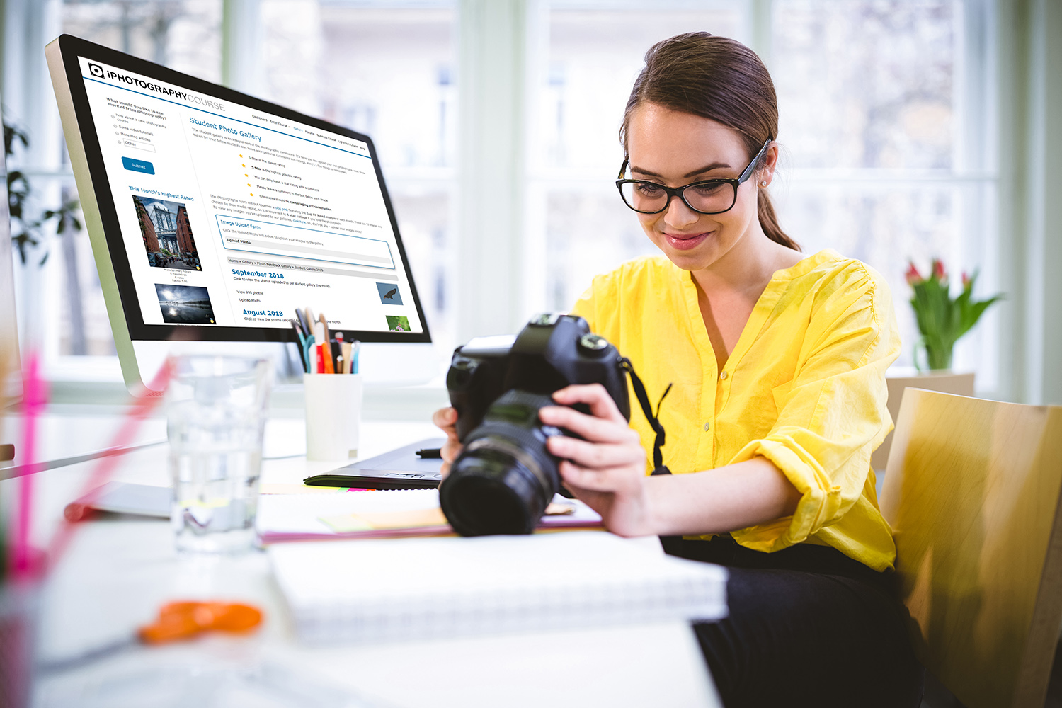 lady computer camera desk uploading picture yellow #potd #weekendchallenge iphotography guide win award social interaction photography training
