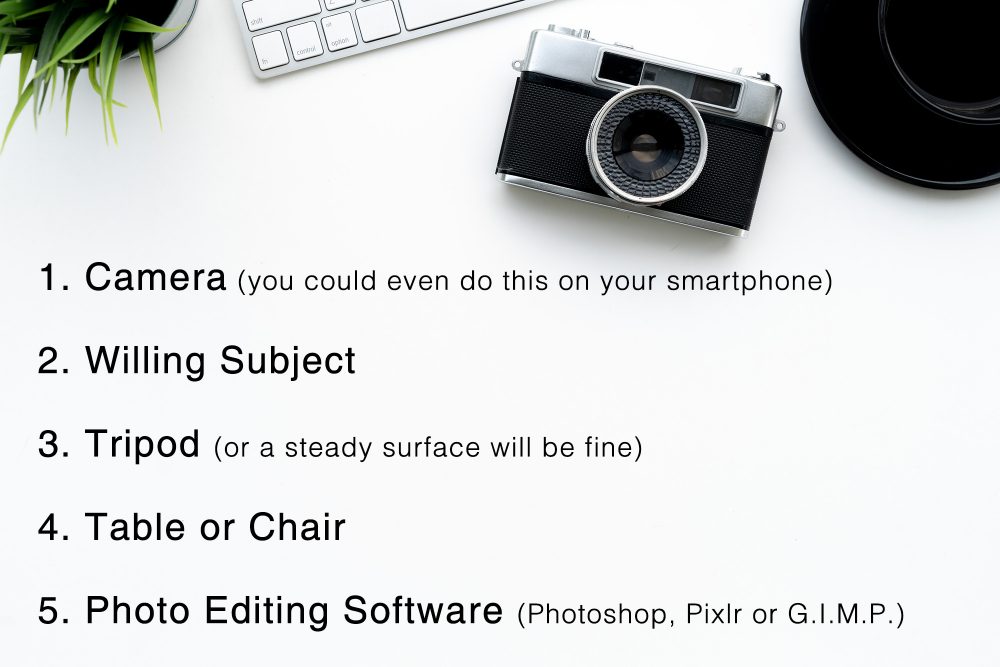 camera list flat lay table white black text writing plant green