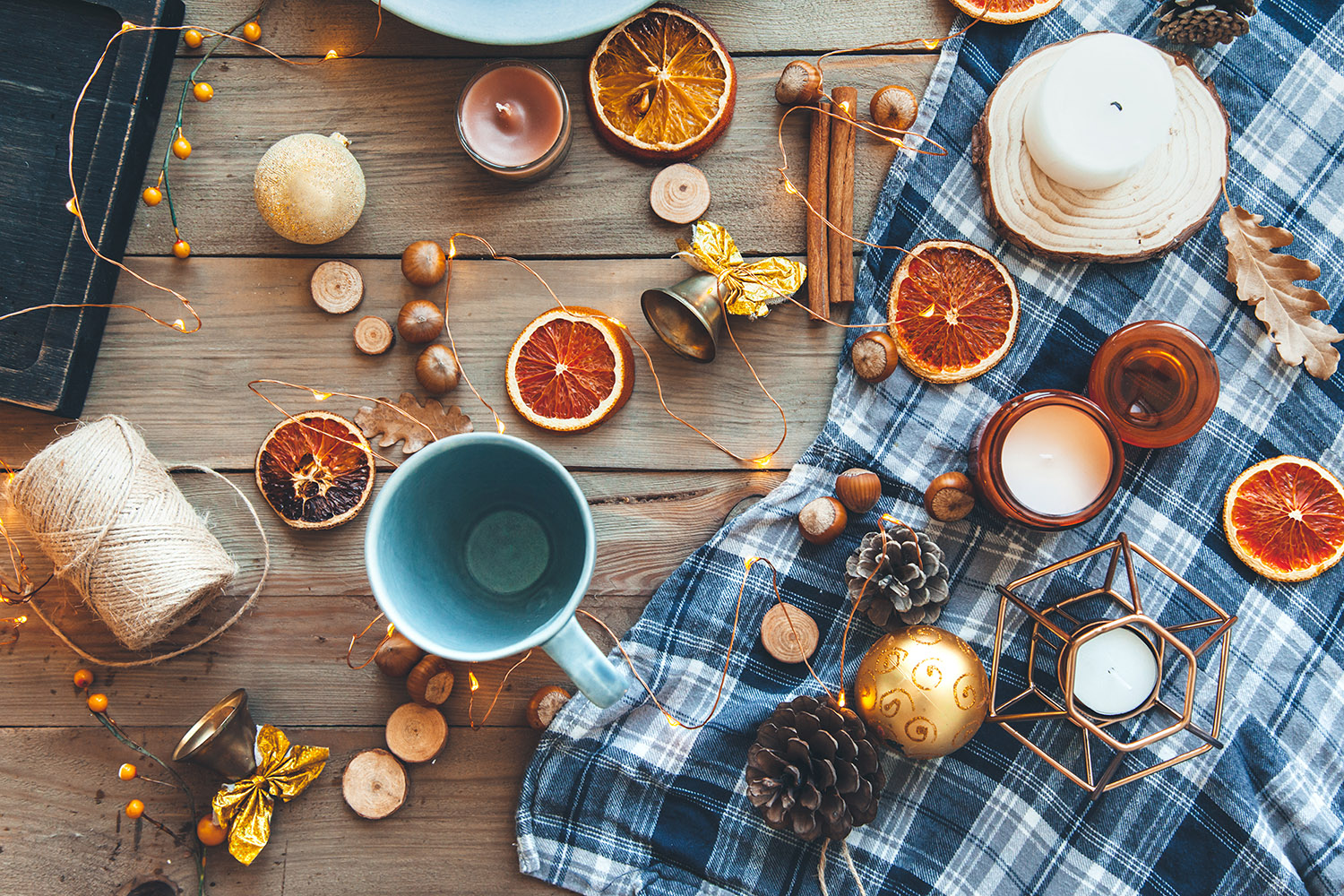 winter kitchen orange yellow lights cold warm drinks hot fruit steam