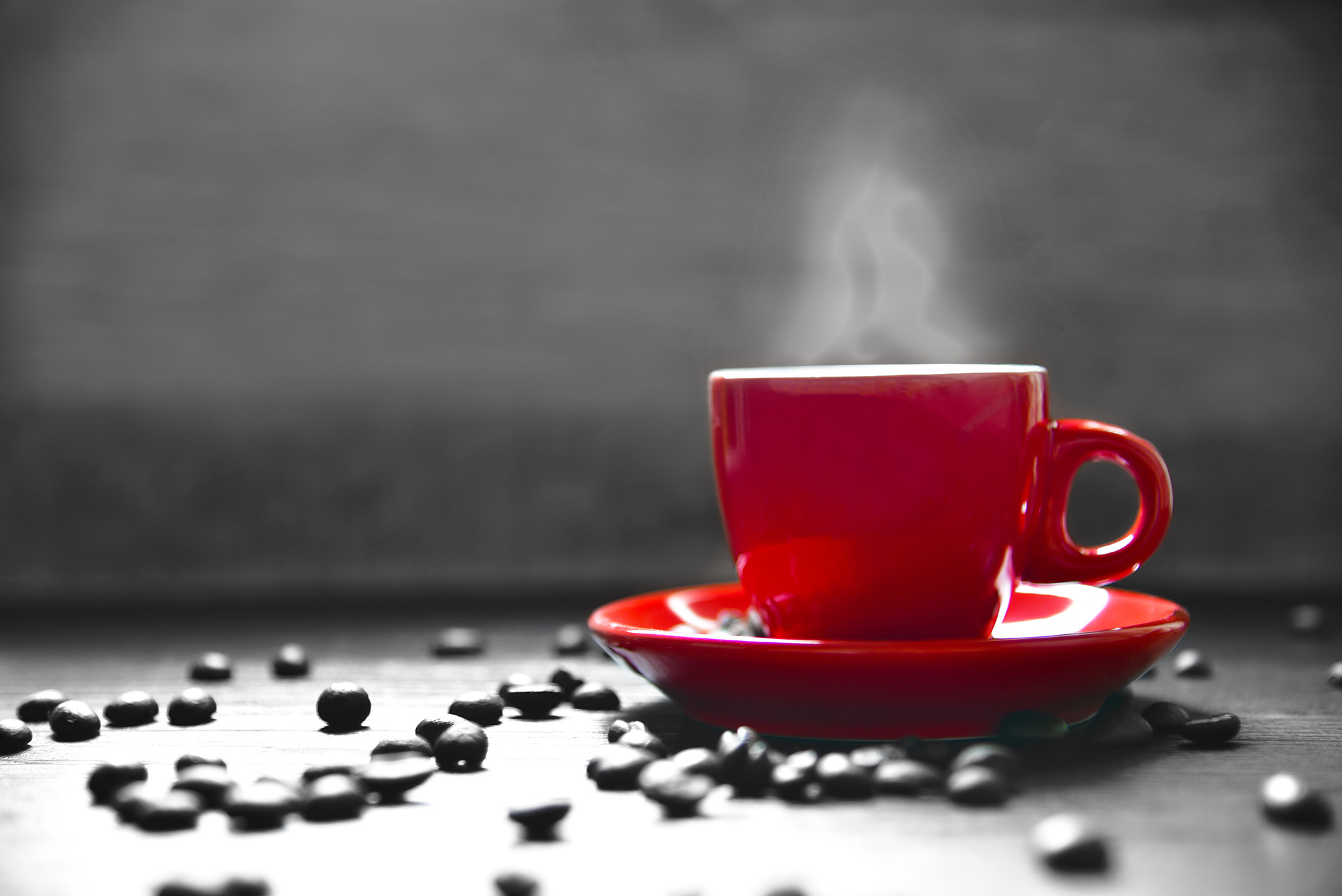 red coffee cup beans black and white hot steam