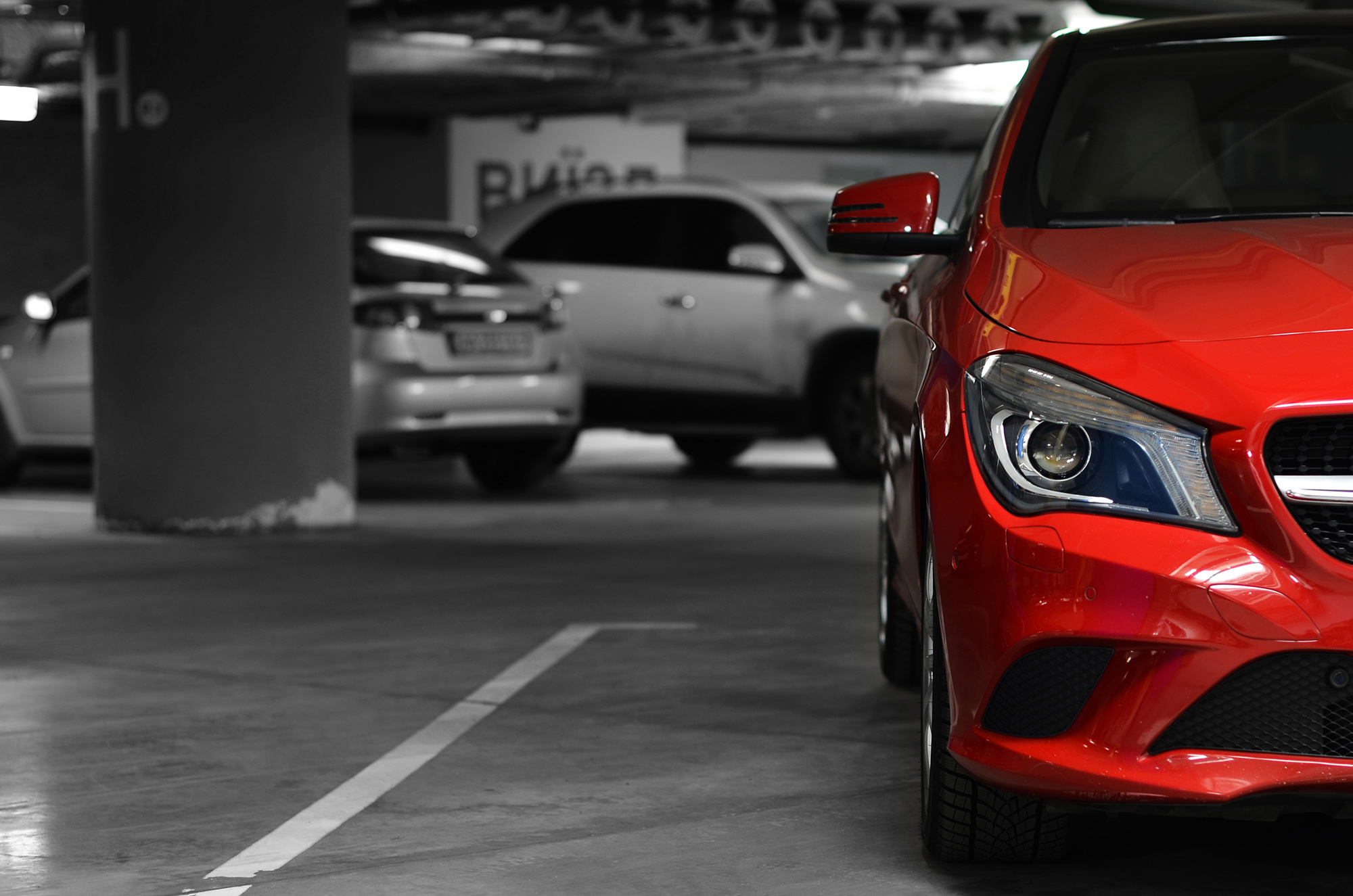 red car carpark mercedes colour splash cropped sports