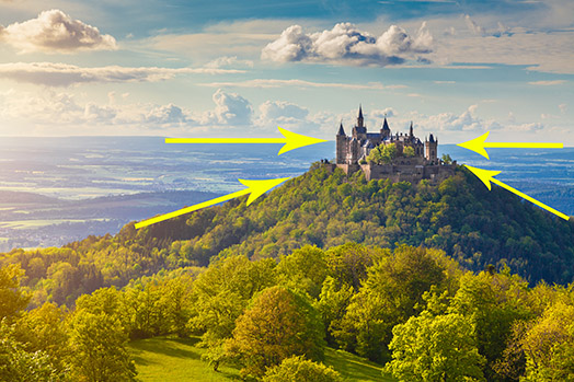 converging lines, castle, arrows, composition, landscape